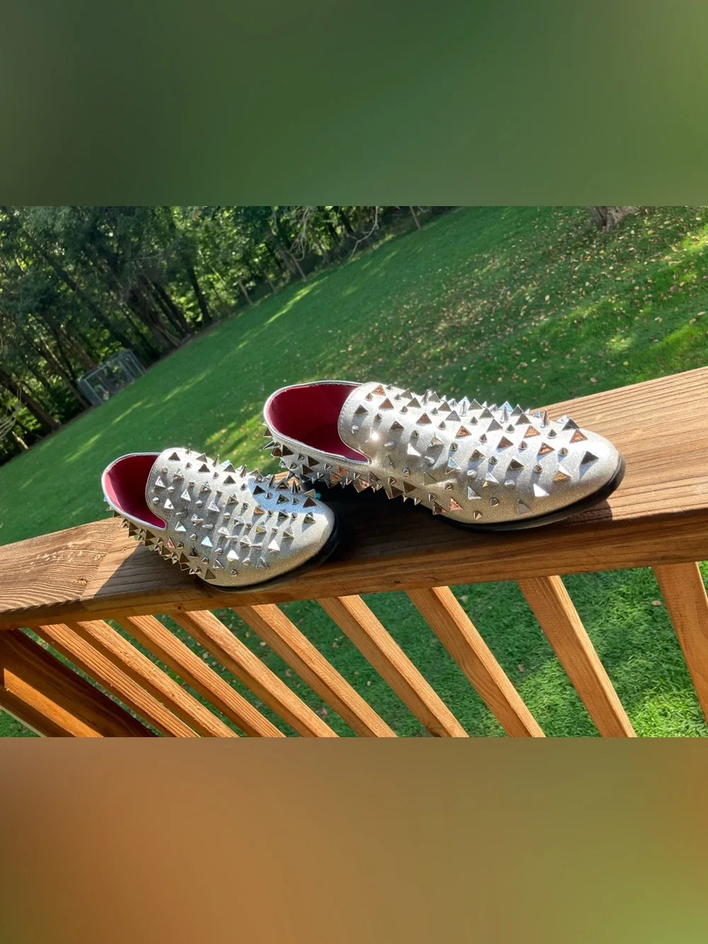 Men's Silver Spiked Slip-On Loafers with Red Interior